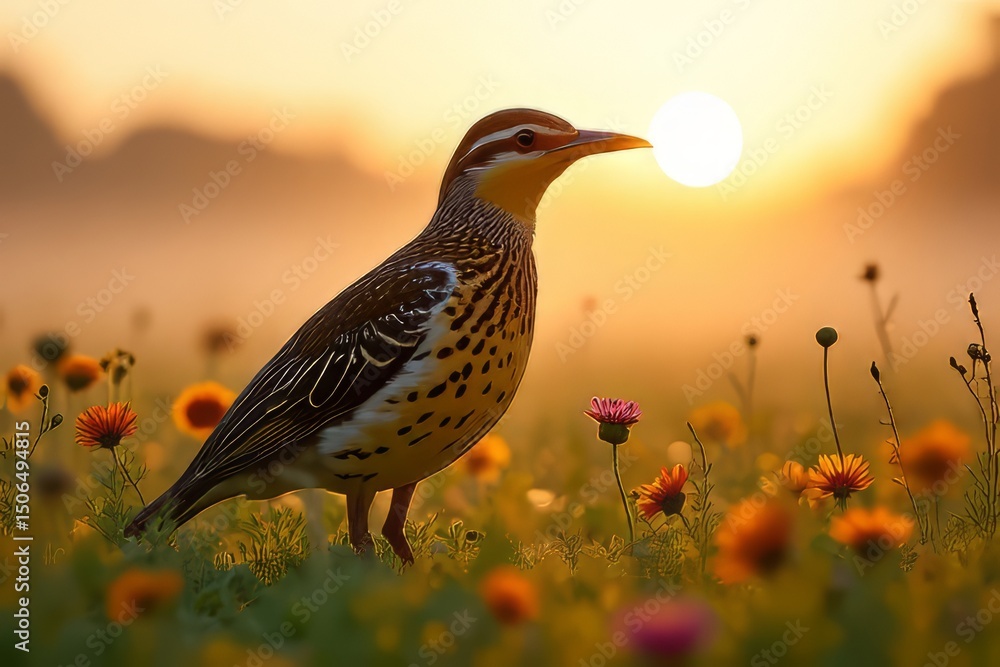 Obraz premium Sunrise Meadow Bird in Colorful Wildflowers