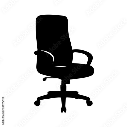 Silhouette of an office chair with armrests and wheels on a plain background
