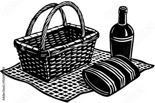Classic Picnic Basket with Wine and Food Illustration, picnic, basket, wine, food, getaway, escape, aesthetic, monochrome, relaxing, dining, friends, relaxation, romantic, time, date, event, graphic, 