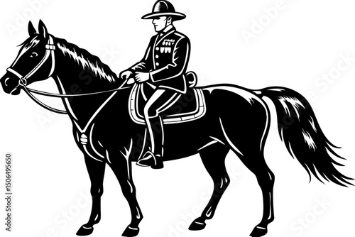 Mounted Police Officer on Horseback Black and White Illustration, police, officer, horse, mounted, royalty, powerful, visual, resolution, law, authority, detailed, majestic, picture, quality, stock