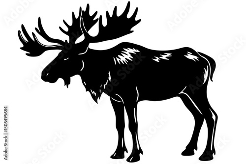Majestic Moose A Striking Black and White Illustration, moose, illustration, animal, wildlife, nature, black, white, majestic, striking, art, drawing, mammal, forest, wilderness, north, america, alask