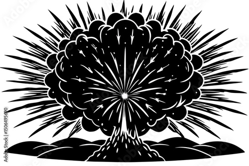 Powerful Explosion Illustration Black and White Graphic Design, explosion, graphic, design, black, white, intense, impact, powerful, visual, fiery, bang, blast, boom, firework, force, picture, monochr