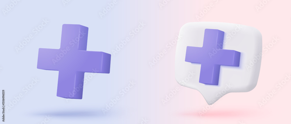 Obraz premium 3d purple plus icon on the white colours background. First aid and health care with pure medical. Medical symbol of emergency help. 3d math signs icon vector render illustration