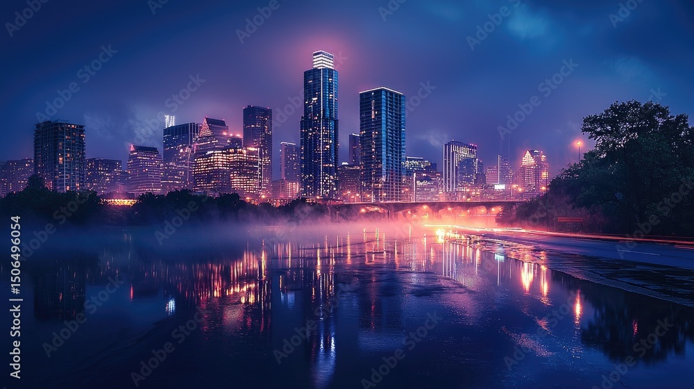 Fototapeta premium Cityscape at dawn, reflecting in a tranquil river.