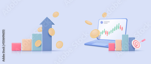 3D online trading with laptop on blue sky cloud background. Notebook using funding business graph on computer with money coin concept. 3d vector trading for business investment render illustration
