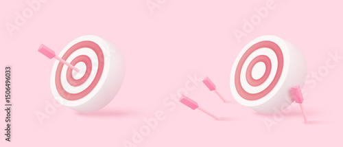 3d minimal excellent business idea goals. Leadership for successful  under creative concept in pastel background. 3d arrow hit center of target vector render on isolated pink background