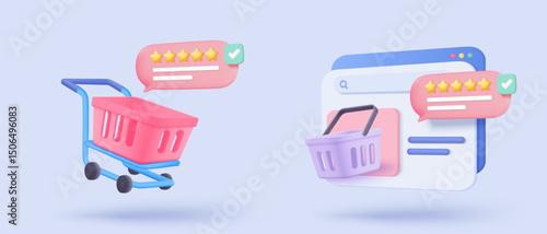 3d stars rating for best excellent services. Result score for satisfaction in speech bubble. Review for quality customer rating feedback, product award review. 3d star icon vector render illustration