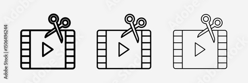 Film editing icon Film making. Vector illustration. Video cutting. Filmstrip with scissors. Contour symbol on white background.