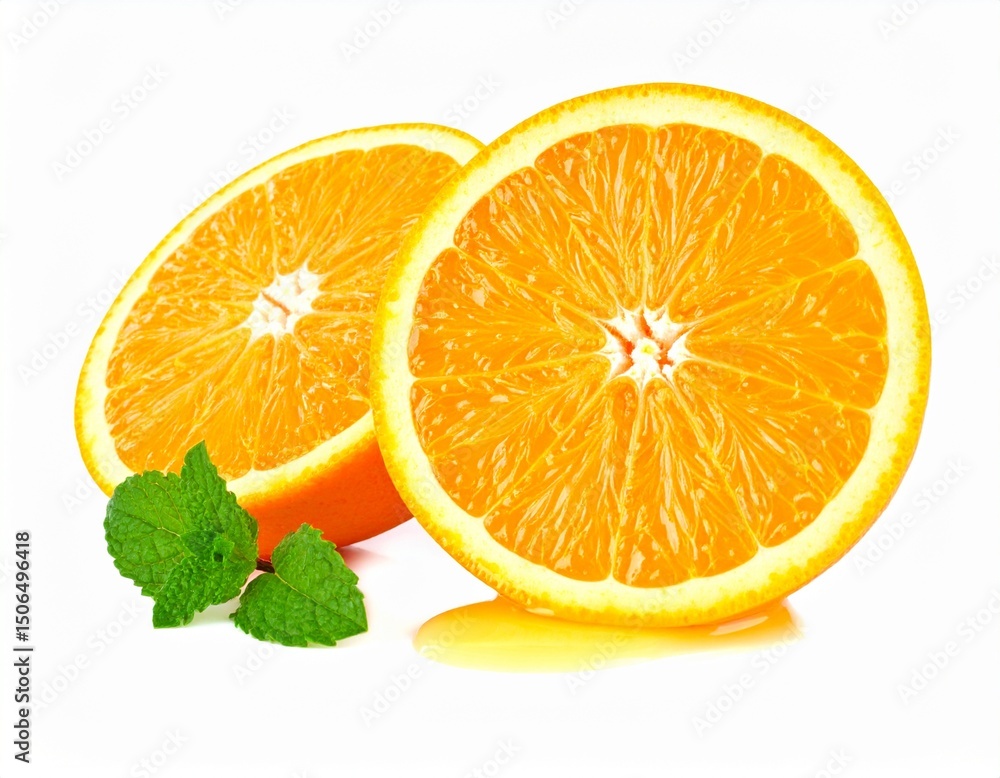 Fototapeta premium Juicy Orange Halves with Juice Dripping and Fresh Mint on Isolated White Background Setting