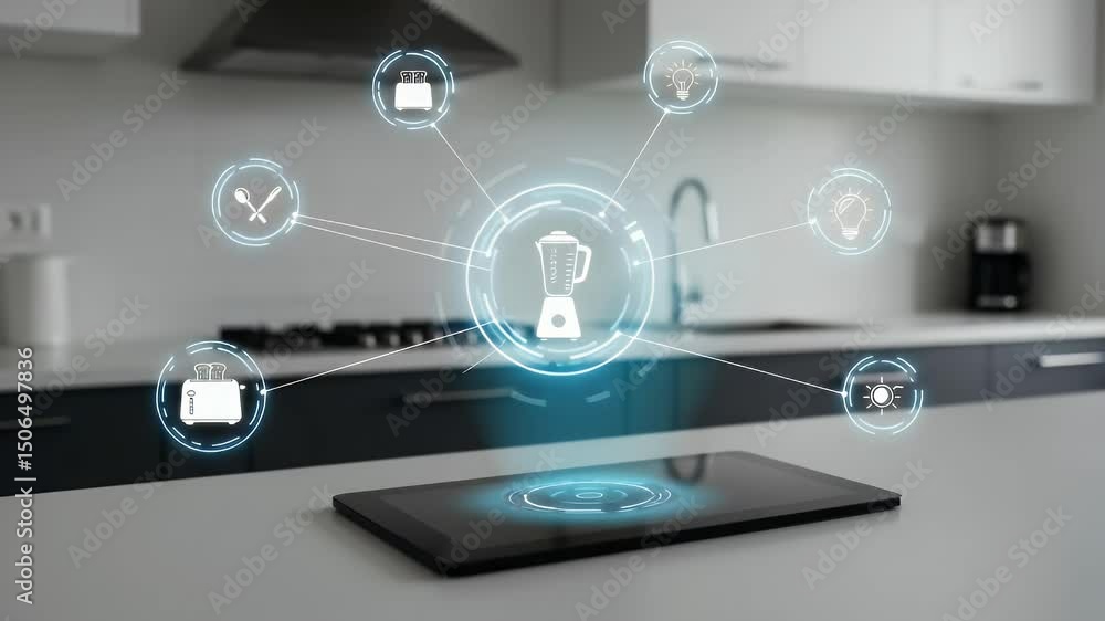 Smart kitchen technology interface displayed on a tablet. Interactive icons for appliances Smart kitchen technology interface displayed on a tablet. Interactive icons for appliances