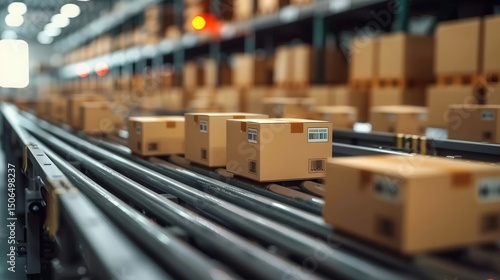 Cardboard boxes travel on a conveyor belt system inside a busy warehouse for logistics.