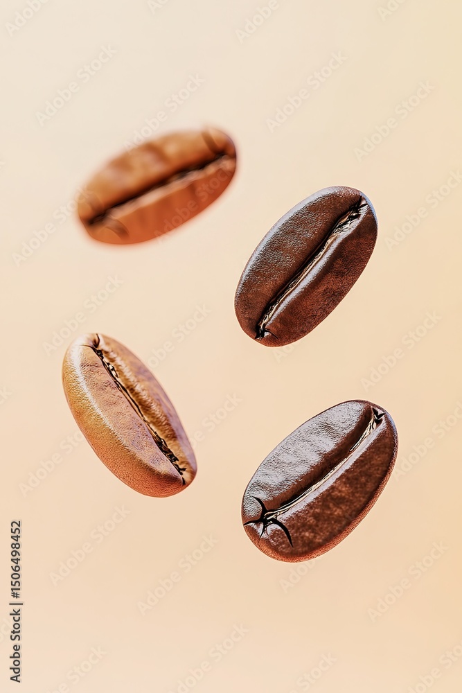 Four roasted coffee beans falling on beige background Four roasted coffee beans falling on beige background