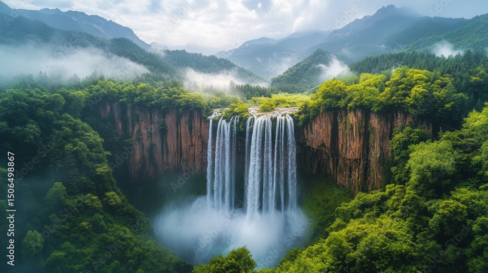 Fototapeta premium A majestic waterfall plunges into a lush valley, surrounded by dense, vibrant green forests.