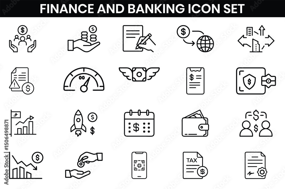 Fototapeta premium Business, finance and Banking icons set. cash, saving, financial goal, profit, budget, earning money, Containing bank, deposit, investment, and banking service, Outline icons design