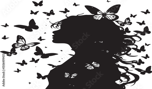 Black woman silhouette with flying butterflies