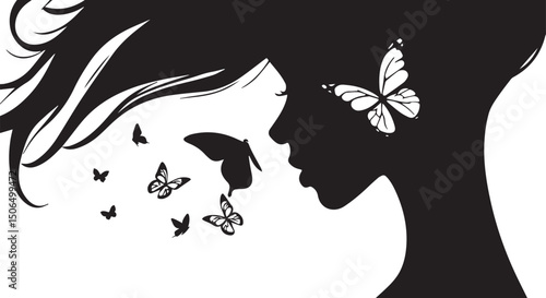 Black woman silhouette with flying butterflies