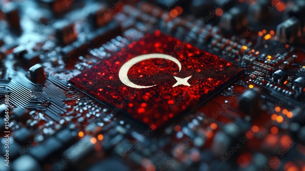 Fototapeta premium The Turkish flag is integrated on a computer chip, symbolizing digital innovation.