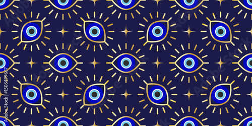 Evil eye seamless pattern. Turkish vector background with blue beads and magic nazar. Mystic Greek amulet is the symbol of protection and luck. Arabic and Mediterranean ethnic wallpaper