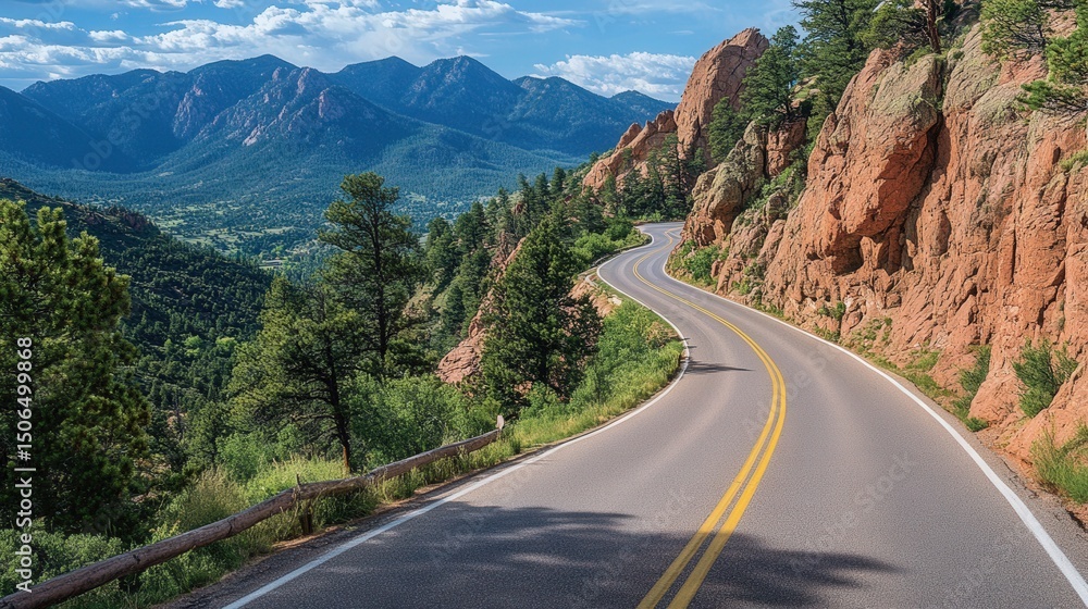 Fototapeta premium An open road through a mountainous region with a scenic view under a bright, blue sky.