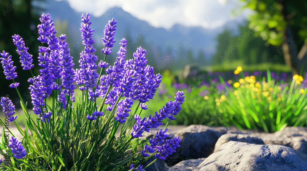 Obraz premium Vibrant cluster of purple lavender blooms amidst lush greenery and rocky terrain, evoking serene and tranquil atmosphere