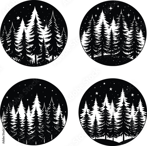 Black and white coniferous forest scene in circle shapes,decorative set