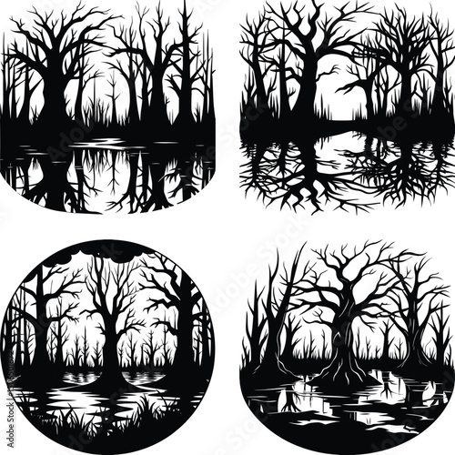 Black and white set of creepy swamp forest scenes with reflections