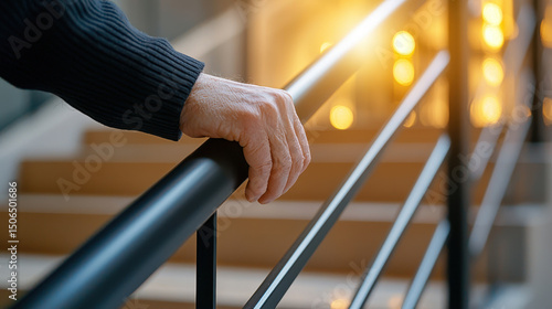 Senior adjusting handrails in modern interior, showcasing safety and support while navigating stairs