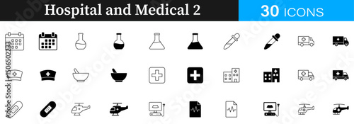 Minimalist Hospital and medical lineal, fill icon set. Hospital and medical icon, hospital,medical,icon,minimalist,health,doctor,clinic,medicine,emergency,care,patient,firstaid,symbol,healthcare, more