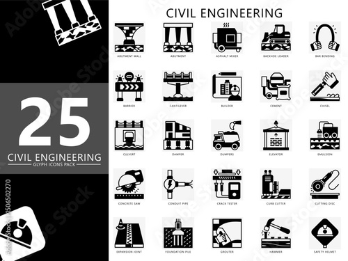 Civil engineering glyph icon pack. Contain abutment wall, barrier, cement, dumper, elevator, hammer, grouter, pile, builder and more. Vector for industry, construction, UI, UX, web and app development