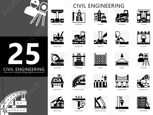 Civil engineering glyph icon pack. Contain beam, compactor, bulldozer, caisson, girder, gabion, pile, mapping, kerb stone and more. Vector for industry, construction, UI, UX, web and app development