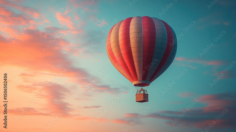 Obraz premium Miniature hot air balloon featuring tiny baskets suspended against a clear sky background. Soft natural lighting enhances the delicate details and vibrant colors for a whimsical, airy miniature scene.