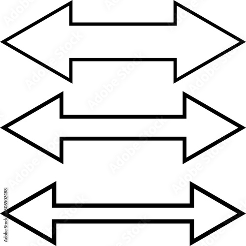 Set of double sided arrows of different sizes. Vector illustration of three bold double arrows in varying sizes. Black arrows pointing left and right. Minimalist graphic with geometric shapes
