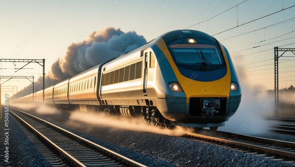 Obraz premium High speed train moving dynamically through the rails with a cloudy backdrop