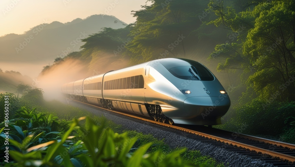 Naklejka premium High-Speed Train Journey Through Lush Green Landscape at Sunrise or Sunset