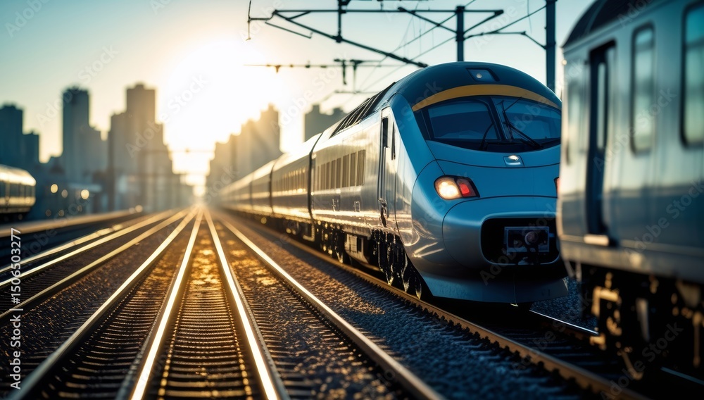 Fototapeta premium Modern High-Speed Train Approaching a Station with City Skyline at Sunrise