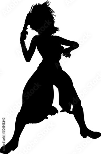 Silhouette of an armed female warrior running with a weapon. Dynamic silhouette of a strong female warrior running with a pistol in hand. Girl with gun in action, combat pose, sci-fi hero silhouette