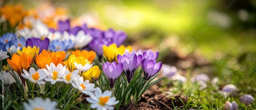 Obraz premium Close-up of colorful flowers blooming in the spring, such as crocuses and daisies, representing renewal and life during the Easter season. 