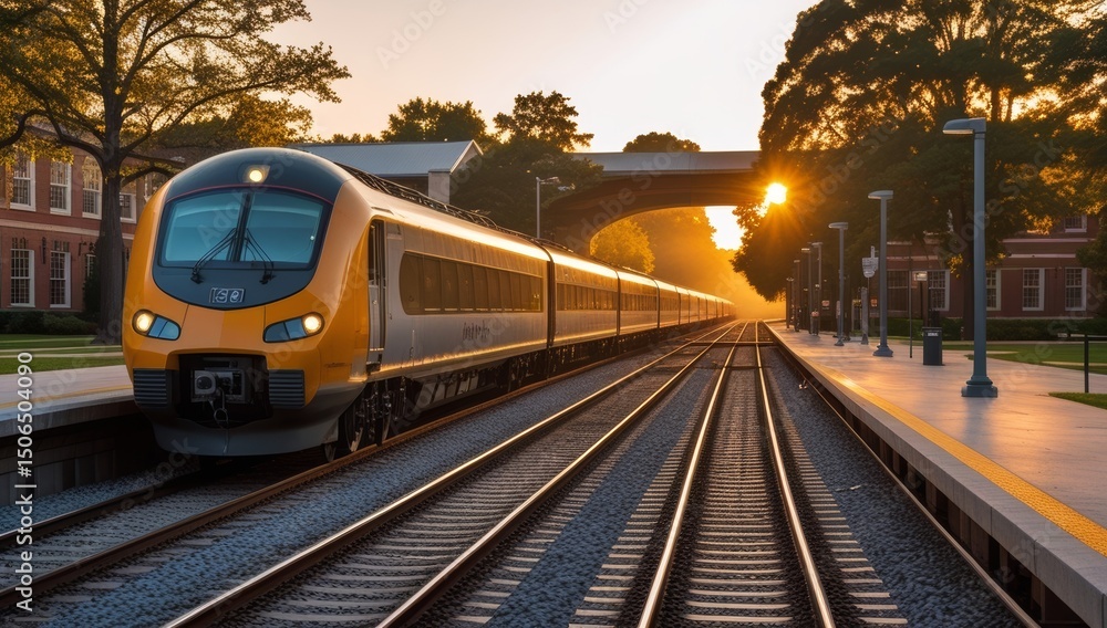 Naklejka premium A Passenger Train Departing the Station at Sunset, Showing a Modern Cityscape