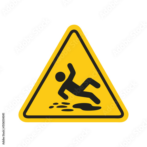 Wet floor, triangle warning, caution hazard, yellow symbol, safety sign, workplace alert, slip prevention, fall risk, industrial area, janitor zone, cleaning hazard for workplace protection