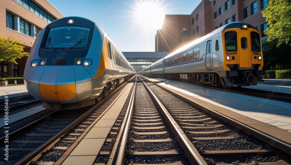 Naklejka premium Modern High-Speed Trains on Parallel Tracks at a Sunny Railway Station