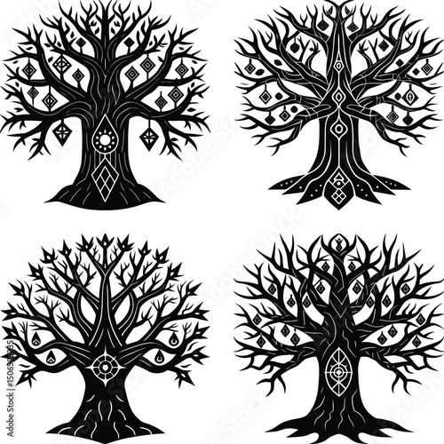 Stylized ornamental tree set black silhouettes decorative hanging amulets