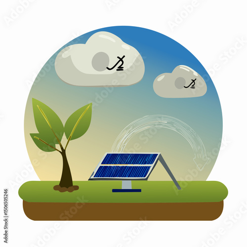 A modern vector icon themed around climate tech, featuring carbon tracker, solar panel, electric truck, green data center, and footprint symbol.