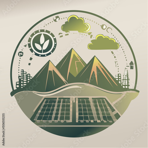 A modern vector icon themed around climate tech, featuring carbon tracker, solar panel, electric truck, green data center, and footprint symbol.
