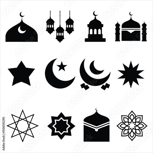 Vector icon set of religious symbols including mosque, church, and temple designs