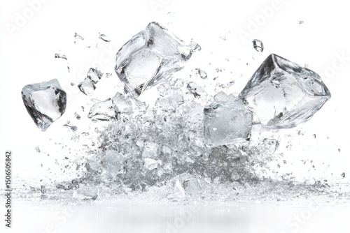 Exploding ice shards in a dynamic and captivating composition isolate on white background. A shattered glass with black and white pieces scattered all over the image. Scene is chaotic and broken.