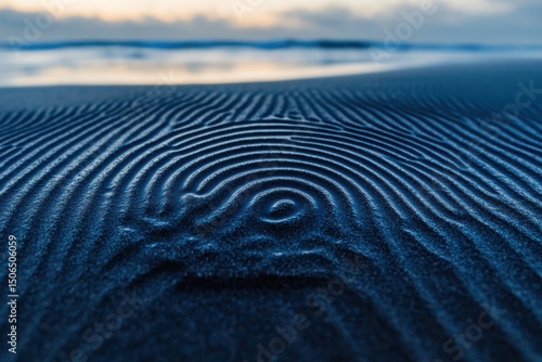 Fingerprint isolated on blue background. A blue sand beach with a wave in the distance. The sand is wet and the water is calm.