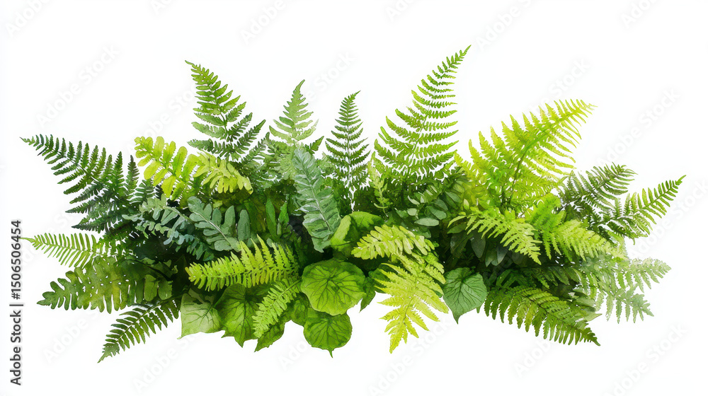 Naklejka premium Vibrant arrangement of lush green ferns and leaves, showcasing various shades of green and textures, perfect for nature lovers