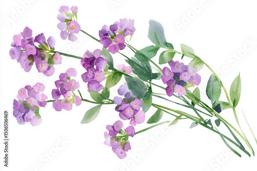 Watercolor botanical illustration of purple flowers with green leaves, showcasing delicate petals and vibrant colors