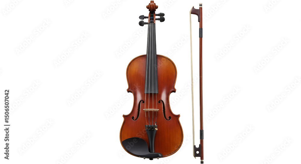 Fototapeta premium Isolated Photo of Wooden Violin and Bow on Transparent Background