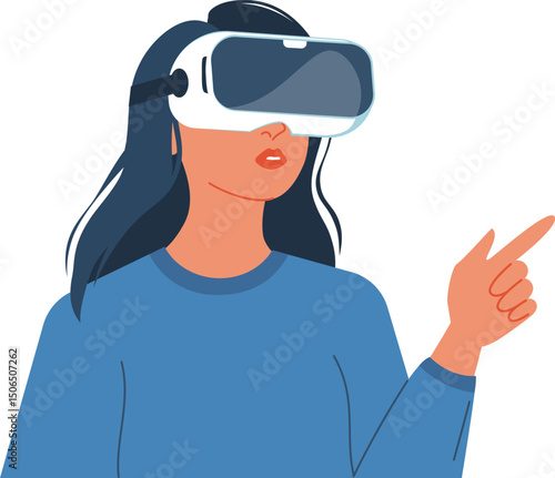 Illustration of a woman immersed in virtual reality, showcasing innovation and futuristic technology. Woman in VR glasses, meta universe of entertainment concept. Flat woman exploring a virtual world